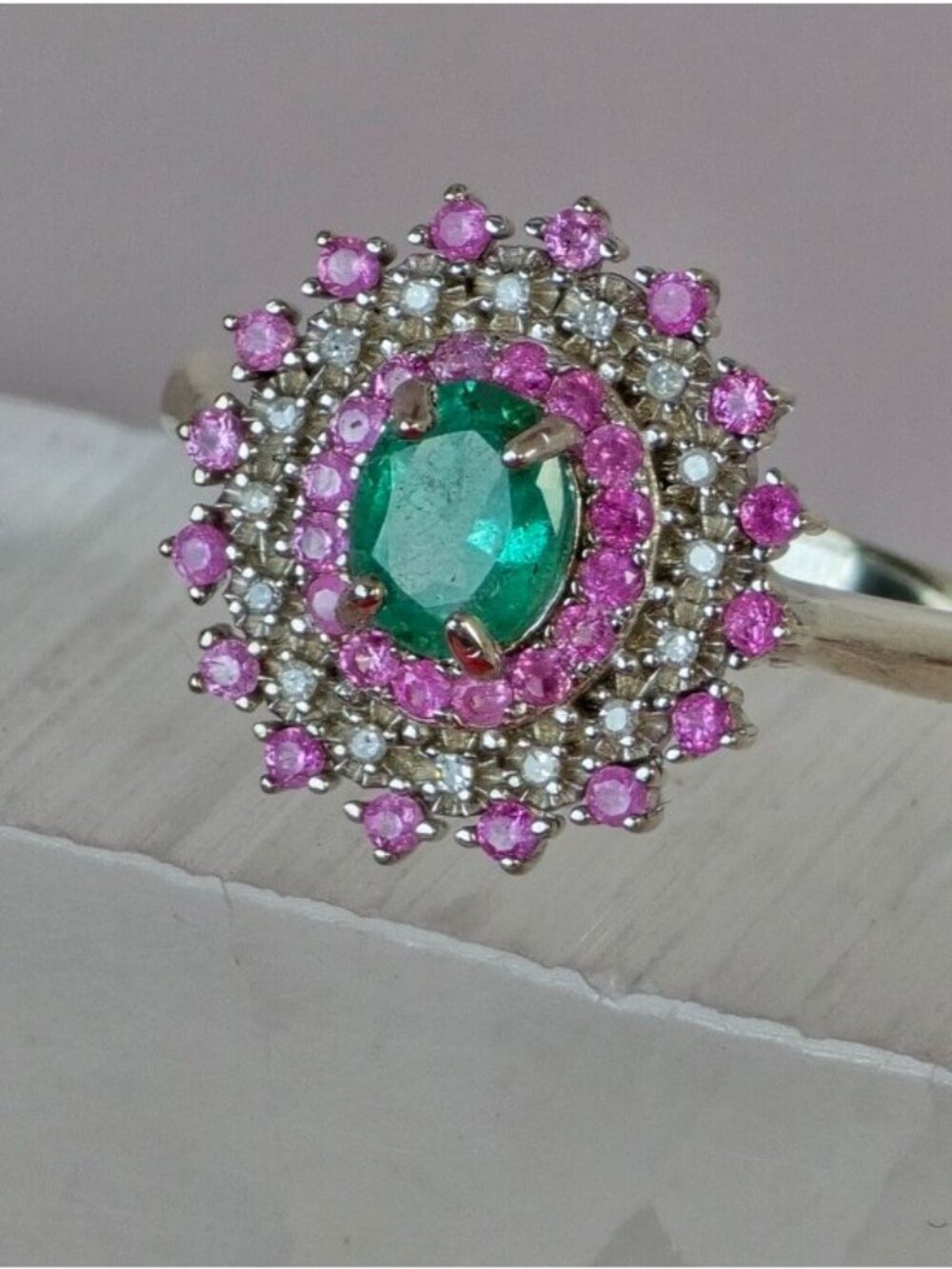 925 Sterling Silver Ring 7.5 with Natural Emerald Sapphires & Diamonds